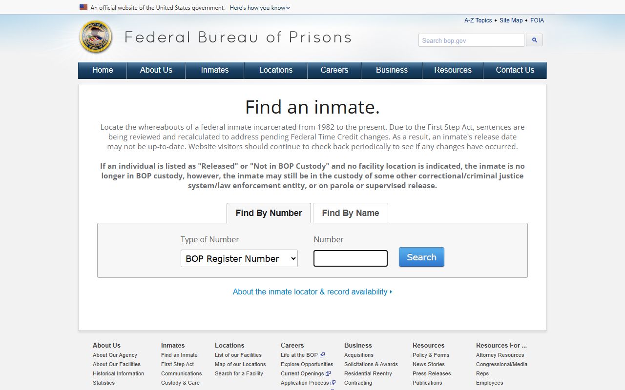 Federal BOP locator showing non-county search path for Mitchell County booking photo questions