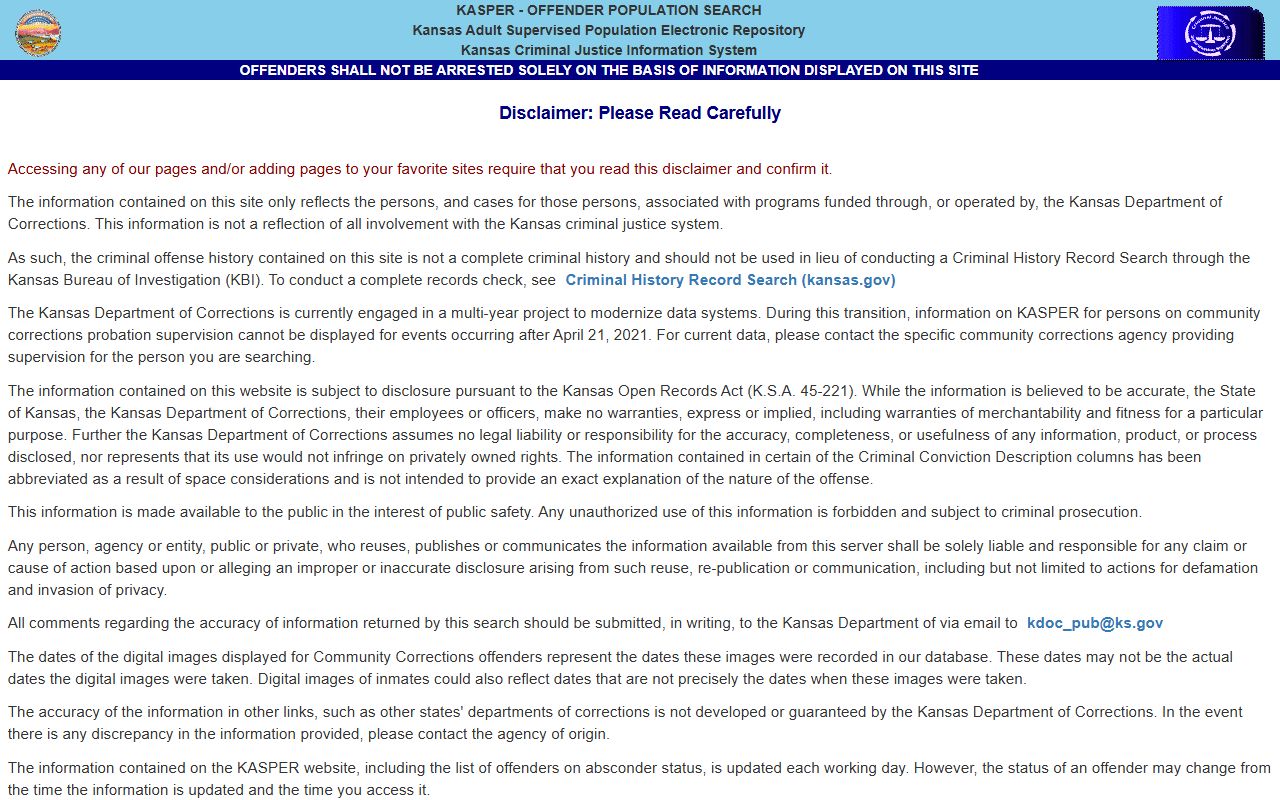 KDOC KASPER locator for Mitchell County inmate records after state sentencing