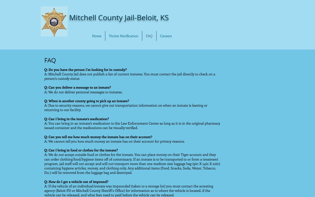 Mitchell County inmate records FAQ stating no current online roster is published